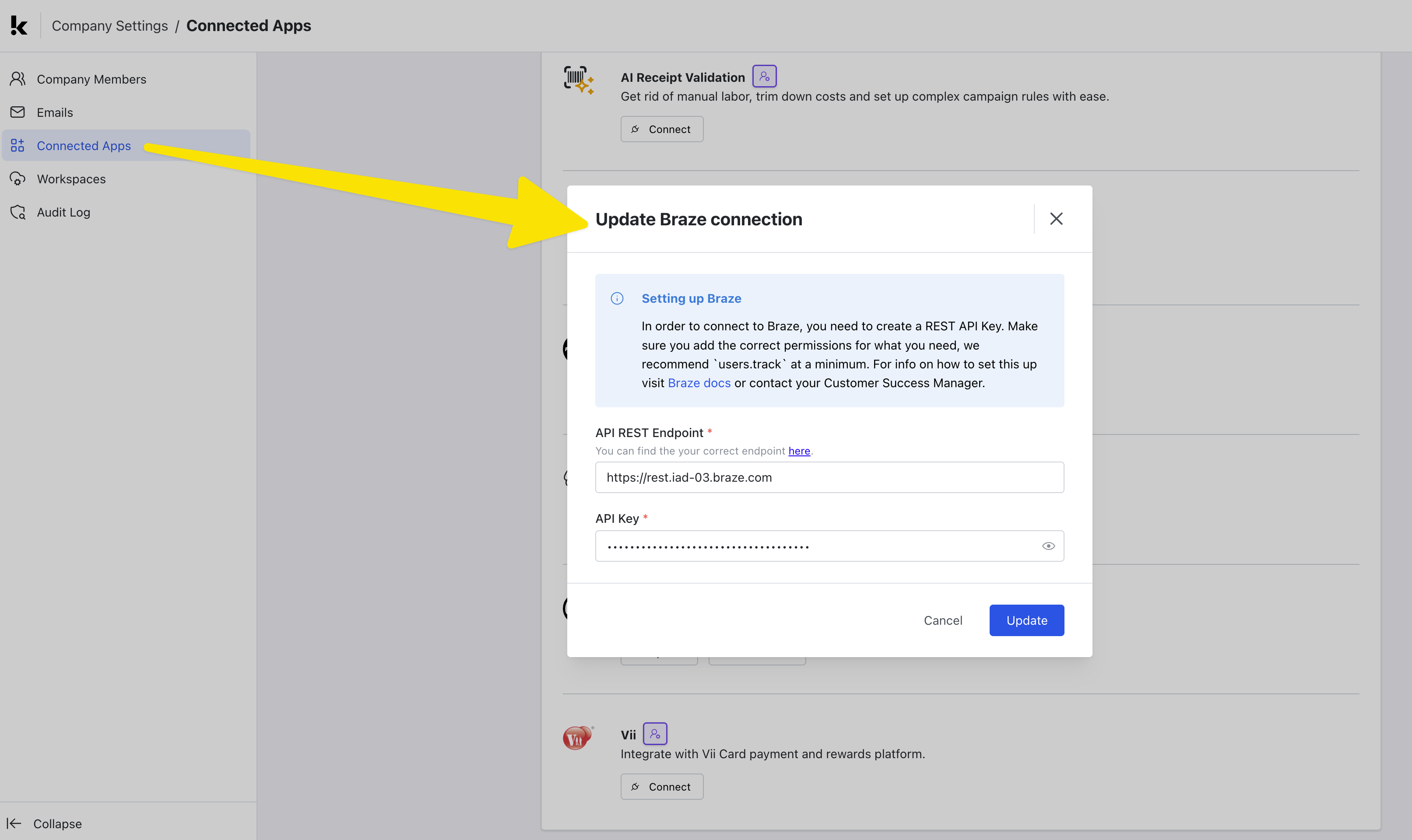 Connectez l'intégration Braze Étape 2b.